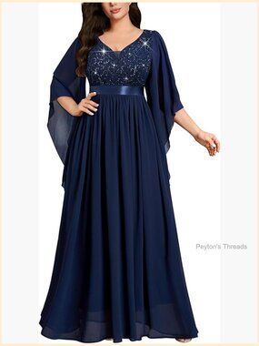 Plus Size Sequin Lace Formal Maxi Dress with Cape Sleeves